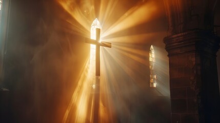 Beautiful Cross Formed by Intersecting Sunlight Beams Natural and Serene Religious Concept with Copy Space