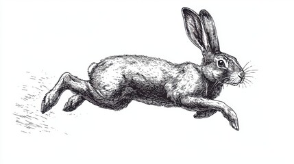 Black and white Vintage engraved art of a jackrabbit leaping sideways, isolated on white background, ink sketch illustration, simple vector art design, highly detailed line art, high contrasty 