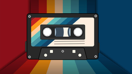 Retro cassette tape vector illustration. Vintage audio cassette tape with retro background