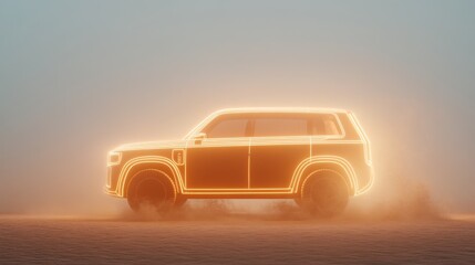 Obraz premium Innovative Electric Vehicle with Resilient Battery Surviving Desert Storm - Side View with Glowing Outline