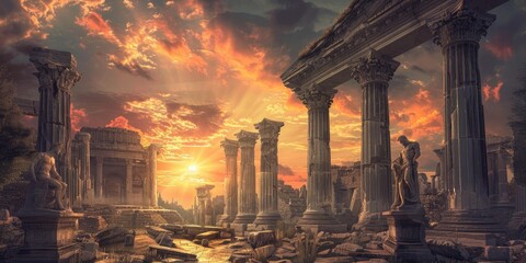 Ruined temple columns under fiery sunset.
