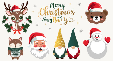 Merry Christmas set with Santa, lettering, winter animals, gnomes. Winter characters set. For banner, card, package.