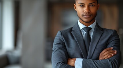 Confident professional man in a business suit poses with arms crossed in a modern office setting
