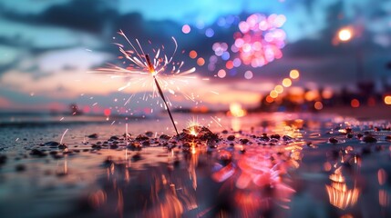 Glowing Spectacle: Sunset Beach Party With Vibrant Fireworks Show