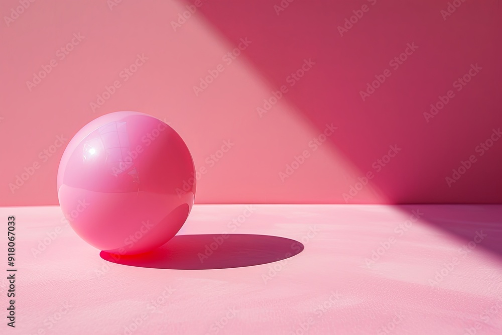 Poster a vibrant pink sphere casts a soft shadow on a matching pink surface. generative ai