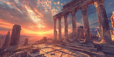 Fototapeta premium Ancient ruins at sunset with mountains in the distance.
