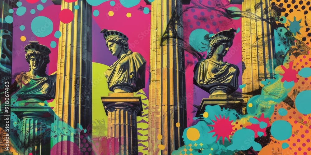 Poster three statues with abstract color background.