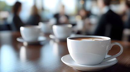 Fototapeta premium Cups of coffee on a table in a meeting room.