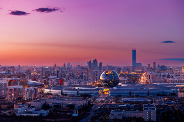 Astana, Kazakhstan panorama night city Nur-Sultan aerial top view
