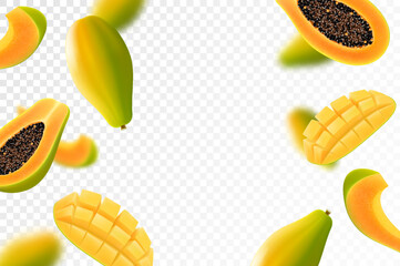 Flying ripe papaya. Bright advertising background falling juicy fruit papaya, realistic illustration with blurred effect. 3d vector design for advertising banners and web page design