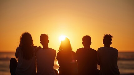 Blissful Sunset Gathering: Friends Enjoying Scenic View and Sunset Party Silhouetted Against the Sky