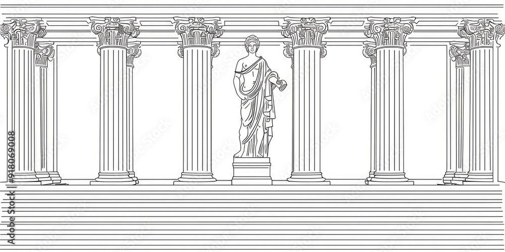 Poster a statue stands before a row of columns.