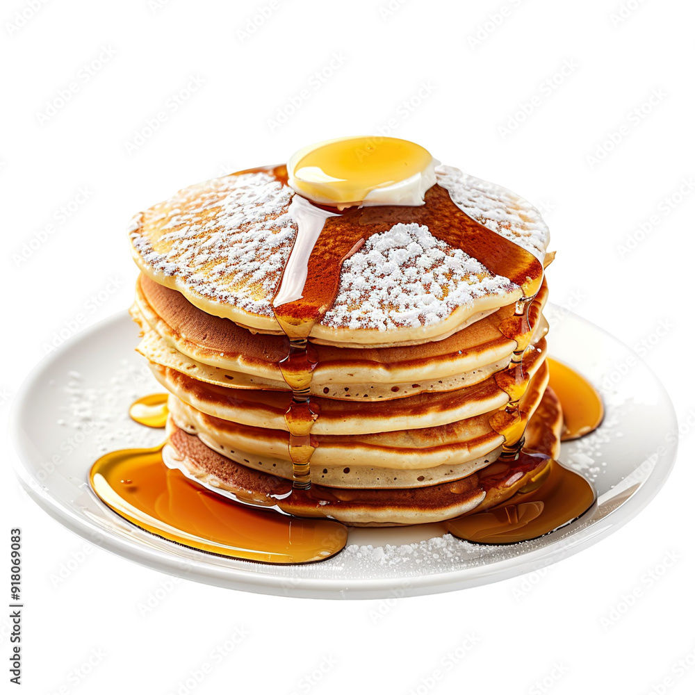 Wall mural front view of a stack of fluffy pancakes with syrup and powdered sugar, isolated on a white transpar