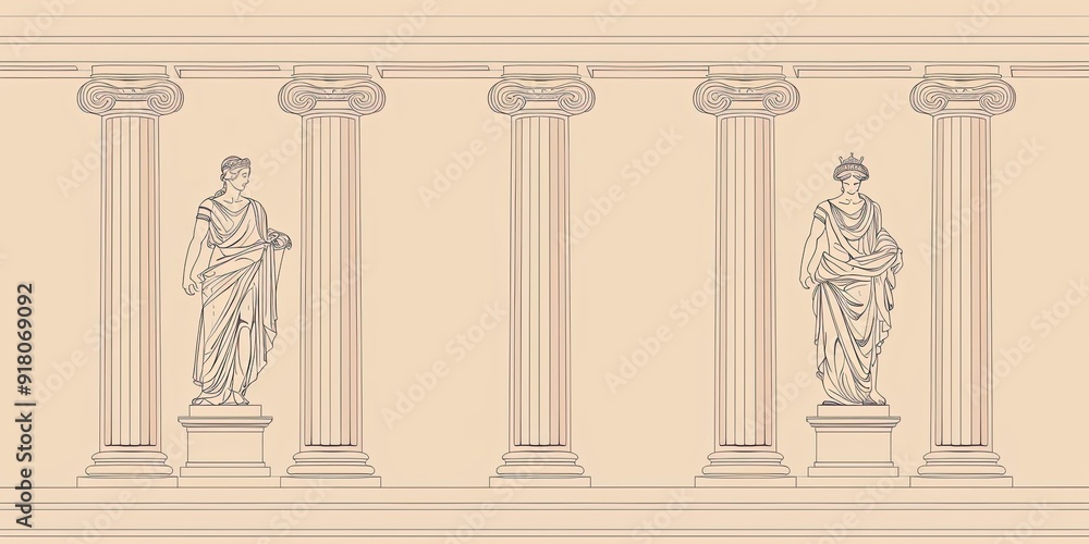 Poster two statues stand between five columns.