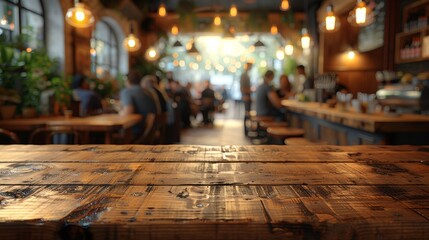 Cozy restaurant interior with warm lighting and wooden tables during evening hours