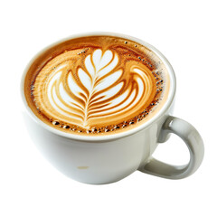 Front view of a steaming cup of coffee with latte art, isolated on a white transparent background.