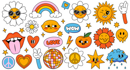 Trendy retro stickers with smile faces, flower, rainbow, peace. Funky, hipster retrowave stickers.  Sticker pack in trendy retro psychedelic cartoon style. Isolated vector illustration. Flower power.