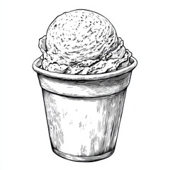 Black and white Vintage engraved art of a scoop of pistachio ice cream in a cup, isolated on white background, ink sketch illustration, simple vector art design, highly detailed line art