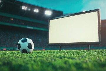 Soccer ball and blank billboard in a stadium setting