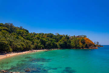 Obraz premium Aerial top view Phuket, turquoise sea and sand beach Banana, travel photo Thailand