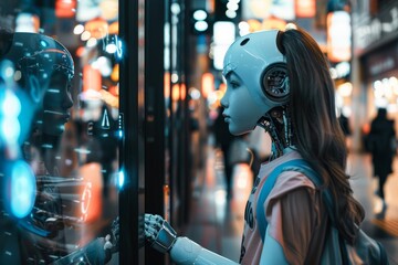 A robot girl with long hair on city street, interacting with digital display at night