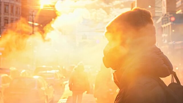 Toxic fumes from cars, factories, PM 2.5 dust, people wearing masks. Depicts the problem of air pollution.