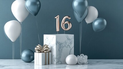 Happy 16 Birthday. Modern Marble 3D Render for Birthday Party Celebration