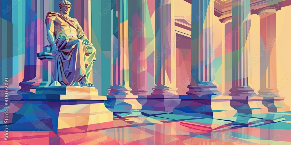 Poster abstract statue in front of columns.
