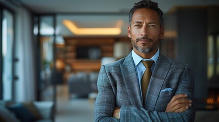 Naklejka premium Professional man stands confidently in modern office during late afternoon