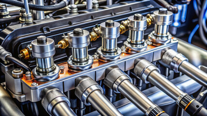 Modern high-pressure fuel pump and fuel injectors connected to a sleek aluminum fuel rail in a well-lit, mechanically detailed engine compartment.