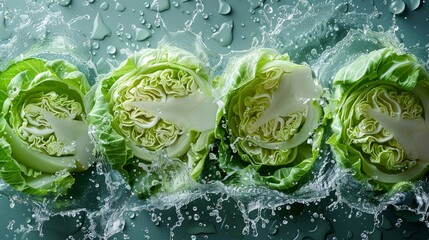Obraz premium Freshy cabbage with water splash flying in the air isolated on black background, Vegetable washing