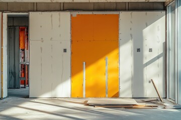 Insulation Drywall. Frontal View of Plasterboard Assembly on Construction Site