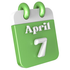 3D Calendar with 7 date number,April 3D Illustration