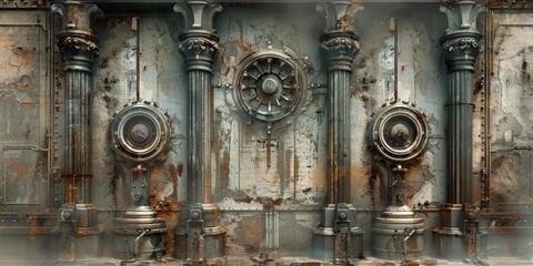 Rusty metal wall with pillars and gears.