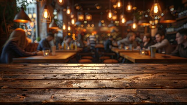 Cozy evening atmosphere in a restaurant with warm lighting and wooden tables