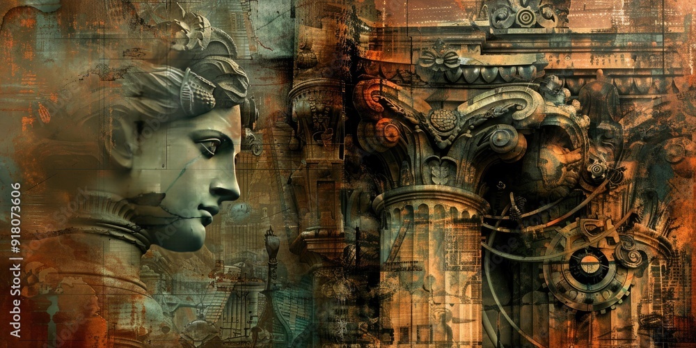 Poster abstract portrait with ancient columns and gears.