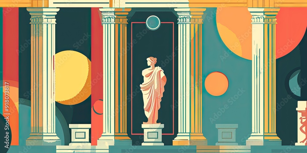 Poster a statue stands between two columns in a temple.