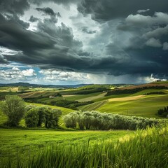 Fototapeta premium Dramatic storm clouds over rolling green hills and farmland.