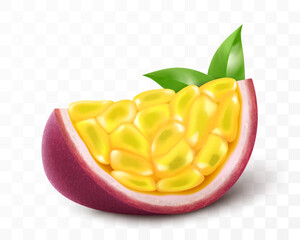 Fresh juicy ripe passion fruit isolated on a transparent background. Slice of passion fruit. Fruit with Seeds. Realistic 3D vector illustration