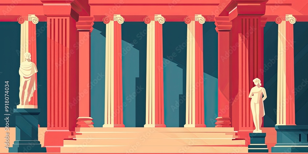 Poster red columns and statues in an ancient building.