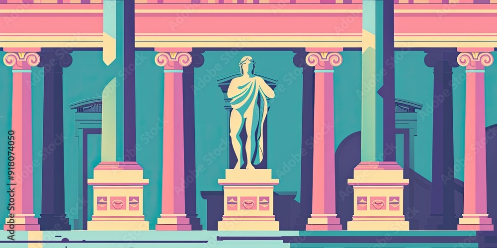 Poster a statue stands between columns in a building.