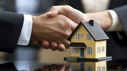Successful Real Estate Agreement: A Firm Handshake and a Model House Representing New Beginnings