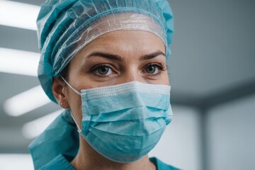 Close up portrait of adult female surgeon doctor wearing protective mask and cap.