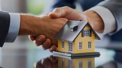 Successful Real Estate Agreement: A Firm Handshake and a Model House Representing New Beginnings