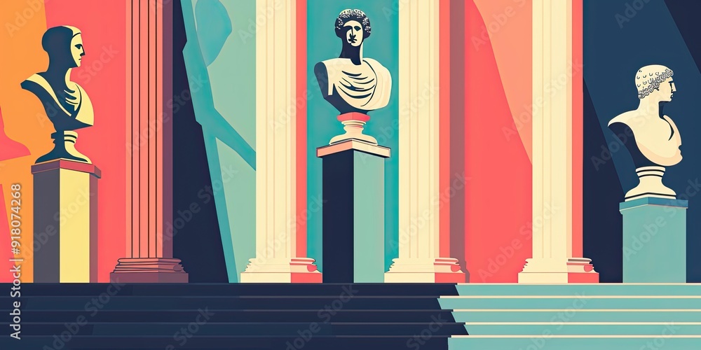 Poster three busts displayed in a classical setting.