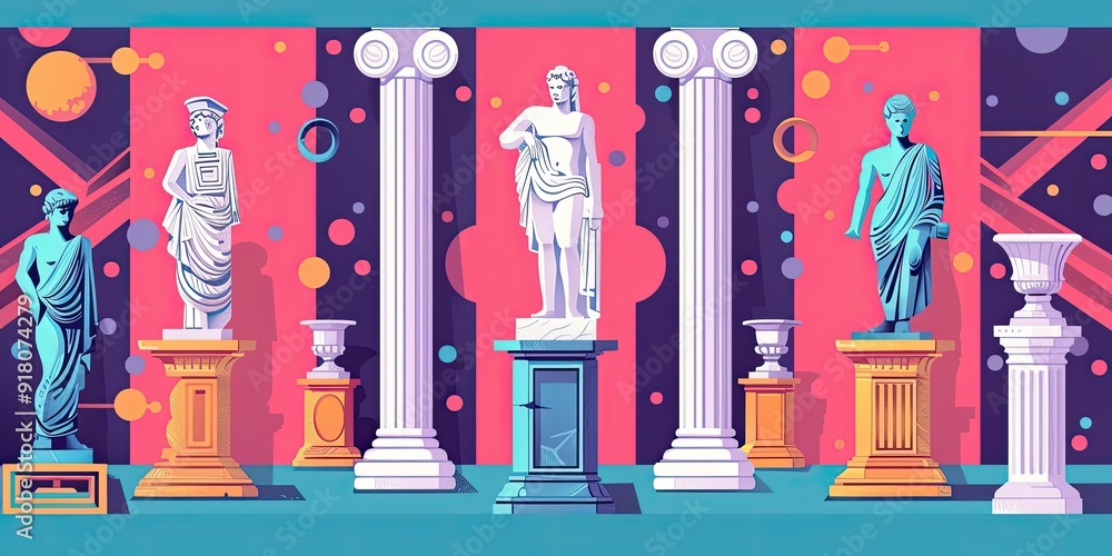 Poster statues and columns against colorful background.