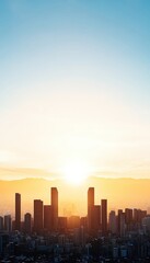 Fototapeta premium A stunning sunrise over a modern city skyline, casting a warm glow on towering buildings and creating a serene urban landscape.