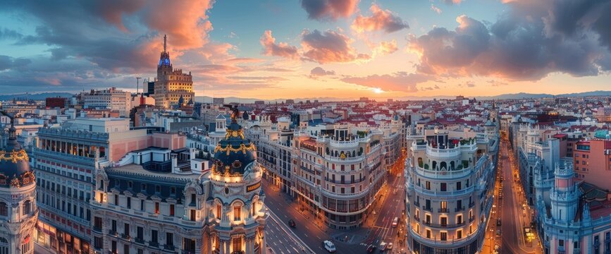 Madrid skyline at sunset with gran via