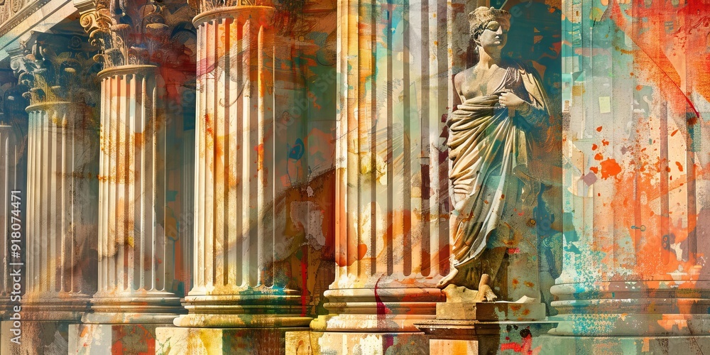 Poster abstract art with columns and a statue.