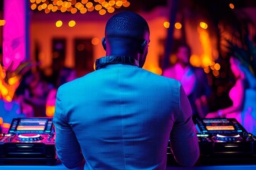 DJ performing at a vibrant night party with colorful lights and a lively crowd, copy space for text, music advertising, music banner
